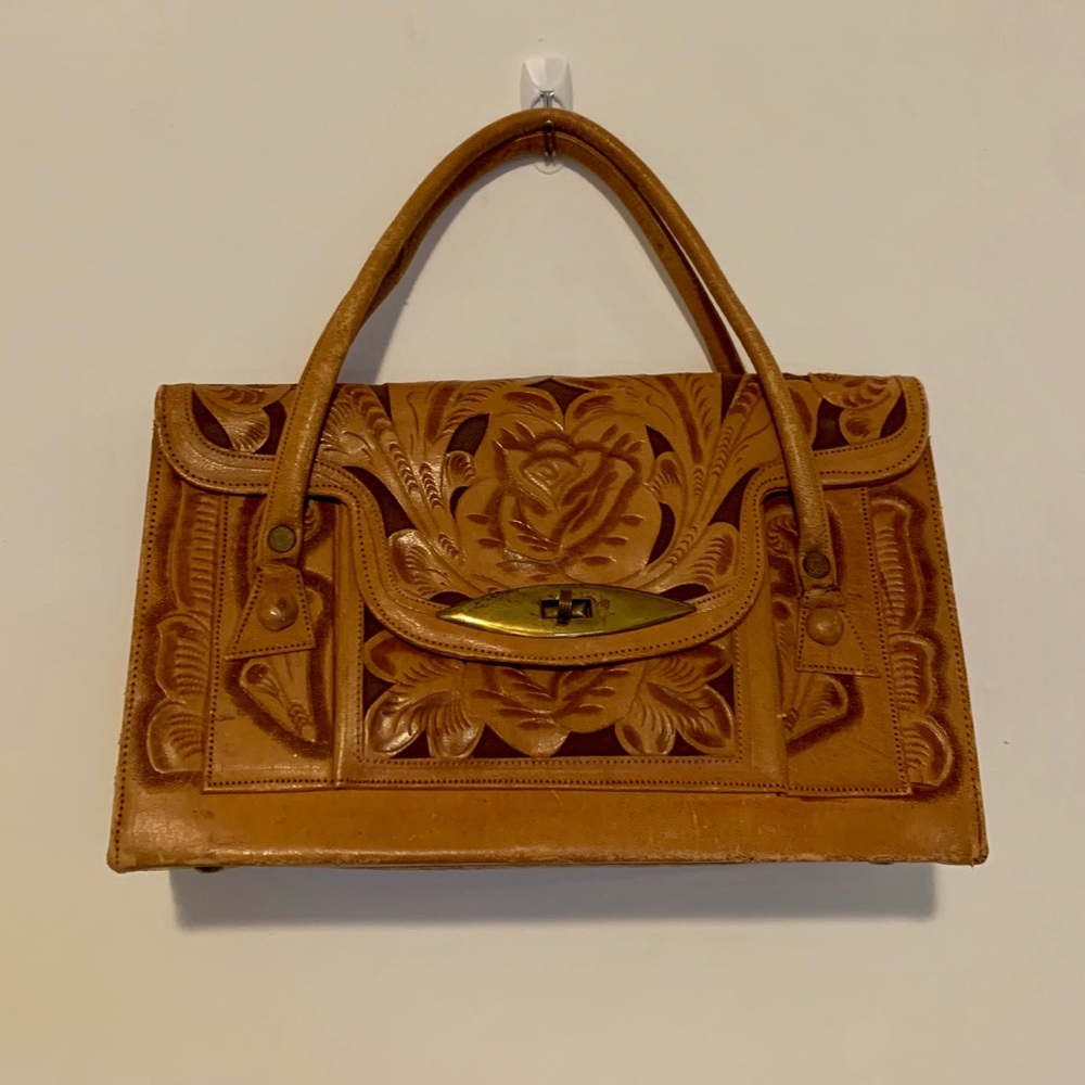 Vintage Hand Tooled Genuine Leather Bag Mexico